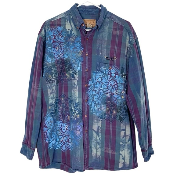 Upcycled Denim Shirt Shacket Womens Size Large Hand Painted Floral Striped Blue - Picture 1 of 14